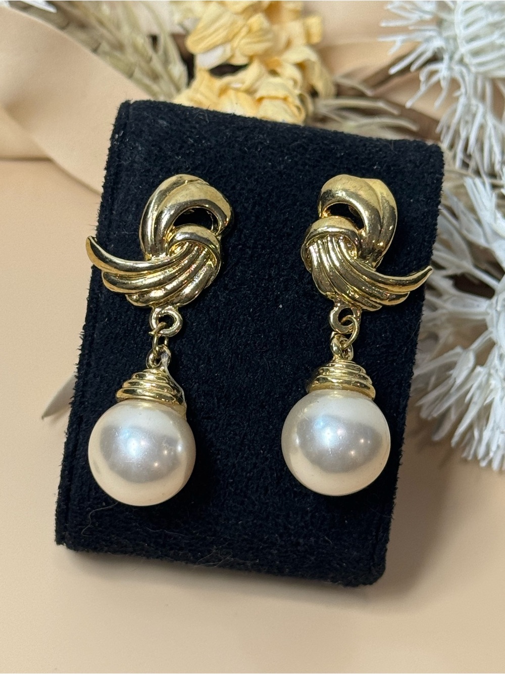 Vintage Gold Tone Faux Pearl Drop Statement Pierced Earrings